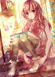 Rule 34 | 1girl, :&lt;, art brush, bare shoulders, brown hair, hair ornament, hairclip, highres, long hair, looking at viewer, mouth hold, notebook, nozomi fuuten, original, paintbrush, pink hair, red eyes, shoes, sitting, sitting on stairs, sneakers, solo, stairs, striped clothes, striped thighhighs, sunlight, thighhighs, tying, vertical-striped clothes, vertical-striped thighhighs