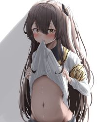 Rule 34 | 1girl, 404 logo (girls&#039; frontline), armband, blush, brown eyes, brown hair, clothes in mouth, clothes lift, girls&#039; frontline, highres, lifted by self, long sleeves, looking at viewer, midriff, mouth hold, nanahosi45, navel, one side up, scar, scar across eye, scar on face, shirt, shirt in mouth, shirt lift, solo, ump45 (girls&#039; frontline), upper body, white shirt