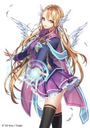 Rule 34 | 1girl, angel wings, blonde hair, blue eyes, cape, copyright name, long hair, official art, outstretched arms, sid story, sila (carpen), skirt, smile, solo, spread arms, thighhighs, wings