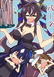 Rule 34 | 3girls, :3, alternate costume, animal ears, black leotard, black pantyhose, blue background, blue eyes, breasts, brown hair, cheval grand (umamusume), cleavage, closed eyes, commentary request, drooling, ear covers, furrowed brow, hair between eyes, hat, highres, holding, holding tray, horse ears, horse girl, horse tail, large breasts, leotard, long hair, mouth drool, multicolored hair, multiple girls, nontraditional playboy bunny, open mouth, pantyhose, poker chip, simple background, single ear cover, strapless, strapless leotard, streaked hair, tail, tray, umamusume, verxina (umamusume), very long hair, vivlos (umamusume), wahiko (black bastard), white hair, white hat