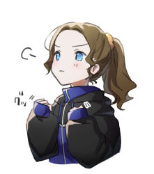 Rule 34 | 1girl, puff of air, black jacket, blue eyes, blue jacket, brown hair, clenched hands, closed mouth, cropped torso, determined, drawstring, hair ornament, hair scrunchie, hands up, honami hisame, jacket, light blush, long sleeves, looking away, looking up, medium hair, motion lines, multicolored clothes, multicolored jacket, no pupils, open clothes, open jacket, parted bangs, ponytail, puffy long sleeves, puffy sleeves, scrunchie, shoujo kageki revue starlight, sleeves past wrists, solo, tareko, translated, two-tone jacket, upper body, v-shaped eyebrows, yellow scrunchie