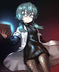 Rule 34 | 1girl, absurdres, black-framed eyewear, blue hair, borrowed character, breasts, brown pantyhose, fishnet pantyhose, fishnets, glasses, green eyes, hepari, highres, holding, holding tablet pc, low twintails, medium breasts, medium hair, original, pantyhose, parted lips, rectangular eyewear, semi-rimless eyewear, short twintails, solo, tablet pc, twintails, twitter username, under-rim eyewear