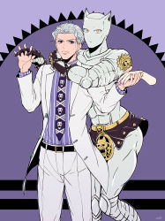 Rule 34 | alternate color, arm around neck, bad id, bad pixiv id, formal, interlocked fingers, jojo no kimyou na bouken, killer queen, kira yoshikage, nail polish, necktie, own hands clasped, own hands together, purple eyes, purple nails, purple theme, severed hand, shirt, simple background, stand (jojo), striped clothes, striped shirt, suit, ty 1865, white hair