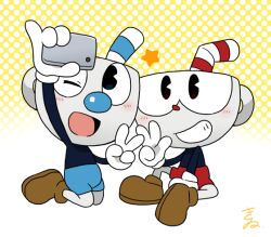 Rule 34 | blue pants, brothers, brown footwear, camera, cuphead, cuphead (game), gloves, holding, holding camera, koginokii, mugman, object head, open mouth, pants, red pants, siblings, smile