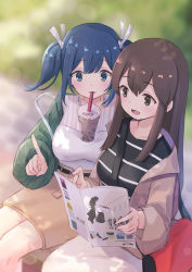Rule 34 | 2girls, :3, akagi (kancolle), alternate costume, bag, belt, blue eyes, blue hair, blurry, blurry background, blush, book, breasts, brown eyes, brown hair, bubble tea, bubble tea challenge, commentary request, cup, day, disposable cup, drinking straw, emia wang, hair ribbon, handbag, highres, holding, holding book, index finger raised, jacket, kantai collection, large breasts, long hair, long sleeves, medium breasts, multiple girls, object on breast, open mouth, outdoors, pointing, ribbon, shirt, sidelocks, sitting, souryuu (kancolle)