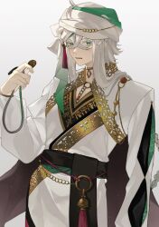 Rule 34 | 1boy, arabian clothes, asclepius (fate), black sash, border, crossed bangs, fate/grand order, fate (series), green eyes, grey background, hair between eyes, highres, holding, holding jewelry, holding necklace, jewelry, long sleeves, male focus, necklace, o-ring, parted lips, red tassel, romo827, sash, shrug (clothing), simple background, solo, tassel, turban, upper body, v-neck, white hair, white turban
