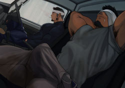 Rule 34 | 2boys, abs, armpit hair, armpits, bara, bulge, car interior, covered abs, covered erect nipples, dark-skinned male, dark skin, drooling, erection, erection under clothes, facial hair, goatee, headband, large pectorals, male focus, mature male, multiple boys, muscular, muscular male, nipples, original, paid reward available, pectorals, paid reward available, shirt, short hair, sideburns, skin tight, sleeping, sleeves rolled up, stomach, stubble, tarutoru, taut clothes, taut shirt, thick thighs, thighs, translation request, unfinished, yaoi
