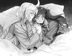 Rule 34 | 2girls, blush, canis428, closed eyes, closed mouth, commentary request, commission, greyscale, gundam, gundam suisei no majo, hand in another&#039;s hair, highres, long hair, looking at another, lying, miorine rembran, monochrome, multiple girls, on side, pajamas, pillow, second-party source, sleeping, smile, suletta mercury, under covers, yuri