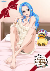 Rule 34 | 1girl, absurdres, artist logo, barefoot, bed, bed sheet, bedroom, beige sweater, bird, black panties, blue hair, bracelet, breasts, character name, cleavage, collarbone, commentary request, convenient leg, crossed legs, duck, english text, eyelashes, feet, forehead, full body, hand up, happy birthday, highres, indoors, jewelry, karoo (one piece), knees up, large breasts, legs, long hair, long sleeves, looking at viewer, nefertari vivi, no pants, off shoulder, one piece, open mouth, panties, pantyshot, purple eyes, ribbed sweater, rider (orange couture), shadow, sidelocks, sitting, sleeves past wrists, solo, stuffed toy, sweater, teeth, thighs, toes, tongue, underwear, upper teeth only