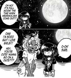 Rule 34 | 2girls, 2koma, animal ears, bracelet, collar, comic, commentary, emo-girl (grs-), english commentary, english text, fangs, full moon, greyscale, grs-, highres, jewelry, medium hair, monochrome, moon, multiple girls, night, night sky, no mouth, open mouth, original, pun, sky, spiked bracelet, spiked collar, spikes, star (sky), starry sky, tail, werewolf, wolf ears, wolf girl, wolf tail, yuri