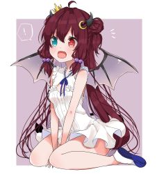 Rule 34 | 1girl, ahoge, alternate costume, between legs, breasts, crescent, crescent hair ornament, crown, demon horns, demon wings, dress, fang, full body, hair bobbles, hair ornament, hand between legs, heterochromia, highres, horns, long hair, nijisanji, open mouth, outside border, purple background, red hair, seiza, simple background, sitting, skin fang, small breasts, solo, very long hair, virtual youtuber, wings, yuzuki roa
