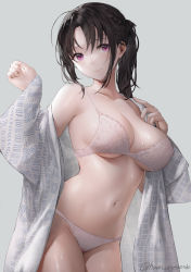 Rule 34 | 1girl, bare shoulders, black hair, bra, braid, breasts, cleavage, closed mouth, cowboy shot, grey background, hands up, haori io, highres, lace, lace-trimmed bra, lace trim, large breasts, long hair, long sleeves, looking at viewer, navel, open clothes, open robe, original, panties, parted bangs, pink bra, pink panties, purple eyes, robe, sidelocks, simple background, smile, solo, stomach, sweat, thighs, twitter username, underwear, wide sleeves
