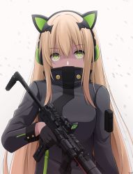 Rule 34 | 1girl, animal ear headphones, animal ears, black gloves, black jacket, blonde hair, cat ear headphones, cat ears, commentary, covered mouth, fake animal ears, girls&#039; frontline, gloves, green eyes, grey background, gun, hair between eyes, half gloves, headphones, highres, holding, holding gun, holding weapon, jacket, keenh, long hair, looking at viewer, name connection, object namesake, signature, simple background, solo, b&amp;t mp9, submachine gun, tmp (girls&#039; frontline), very long hair, weapon