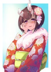 Rule 34 | 1girl, alternate costume, black hair, blue background, blush, broken horn, commentary request, demon girl, demon horns, eriko (princess connect!), flower, fur-trimmed kimono, fur trim, hair flower, hair ornament, hand on own chin, highres, horns, japanese clothes, kimono, looking at viewer, mononoke (pixiv53597254), obi, obijime, open mouth, partially shaded face, princess connect!, print kimono, purple eyes, red kimono, sash, smile, solo