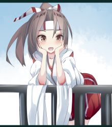 Rule 34 | 10s, 1girl, :d, brown eyes, brown hair, head rest, hachimaki, headband, heavens thunder (byakuya-part2), japanese clothes, kantai collection, letterboxed, long hair, open mouth, ponytail, smile, solo, wide sleeves, zuihou (kancolle)