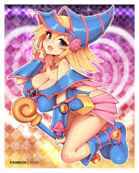 Rule 34 | 1girl, :d, argyle, argyle background, argyle clothes, ass, blonde hair, blue footwear, blue leotard, blush, boots, border, bracer, breasts, chest jewel, cleavage, dark magician girl, duel monster, fanbox username, full body, green eyes, hair between eyes, hat, large breasts, leotard, long hair, looking at viewer, off shoulder, open mouth, smile, solo, staff, thong leotard, v, virus-g, white border, yu-gi-oh!