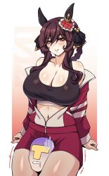 Rule 34 | 1boy, 1girl, animal ears, artist logo, black sports bra, blush, breasts, brown hair, cero rains, cleavage, commentary, cowboy shot, ear covers, ear ornament, gentildonna (umamusume), gradient background, head between thighs, highres, horse ears, horse girl, jacket, large breasts, long sleeves, medium hair, open clothes, open jacket, red eyes, red shorts, revision, scissorhold, shorts, smile, sports bra, t-head trainer, thighs, tracen training uniform, track jacket, umamusume