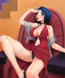 Rule 34 | 00s, 1girl, alcohol, bare legs, bare shoulders, black footwear, black panties, blue eyes, blue hair, blush, bodai, breasts, cecile croomy, choker, cleavage, clothing cutout, code geass, covered erect nipples, dress, drunk, evening gown, high heels, huge breasts, indoors, lace, lace-trimmed panties, lace trim, large breasts, leg up, legs, long legs, looking at viewer, matching hair/eyes, navel, navel cutout, no bra, open mouth, open shoes, panties, pantyshot, red choker, red dress, shoes, short hair, sideboob, sitting, solo, thighs, tongue, tongue out, underwear, wine