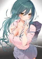 Rule 34 | 1girl, absurdres, bag, breasts, cleavage, collarbone, commentary request, earrings, green hair, grey skirt, highres, holding, itohana, jewelry, large breasts, long hair, long sleeves, looking at viewer, orange eyes, original, outdoors, paper, pink shirt, school bag, school uniform, shirt, simple background, skirt, sleeves rolled up, solo, taut clothes, taut shirt