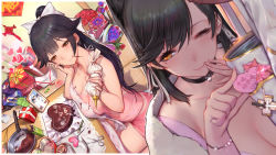 Rule 34 | 2girls, apron, atago (azur lane), azur lane, black hair, bow, breasts, cleavage, commentary request, condom, condom wrapper, finger to mouth, food, gift, gorgeous mushroom, hair bow, heart, highres, icing, large breasts, multiple girls, pastry bag, pocky, ponytail, revision, smile, swept bangs, takao (azur lane), valentine