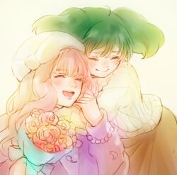 Rule 34 | 2girls, arms around neck, birthday, blunt bangs, blush, bouquet, brown skirt, closed eyes, closed mouth, commentary request, flower, green hair, hand on another&#039;s arm, happy, hat, holding, holding bouquet, hug, kimidori (kimidoriri), long hair, long sleeves, macross, macross frontier, medium hair, multiple girls, open mouth, pink hair, ranka lee, ribbed sweater, sheryl nome, skirt, smile, sweater, teeth, upper body, upper teeth only, wavy hair, white headwear