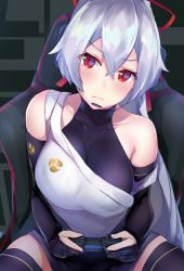 Rule 34 | 1girl, absurdres, bare shoulders, breasts, chair, controller, fate/grand order, fate (series), hair ribbon, head tilt, headset, highres, large breasts, long hair, nanakaku, playing games, ponytail, red eyes, reflection, ribbon, silver hair, sitting, solo, strap slip, tomoe gozen (fate), very long hair
