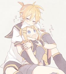 Rule 34 | 1boy, 1girl, blush, brother and sister, chewing, fingers to mouth, hair ornament, hair ribbon, hug, hug from behind, incest, kagamine len, kagamine rin, ribbon, siblings, sleepy, suzumi (fallxalice), twins, vocaloid, worried