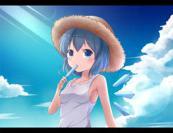 Rule 34 | 1girl, alternate costume, bare arms, blue eyes, blue hair, blue sky, cirno, cloud, collarbone, day, food, hat, ice, ice cream, ice wings, k-sk style, lens flare, letterboxed, looking at viewer, matching hair/eyes, popsicle, shirt, sky, sleeveless, sleeveless shirt, solo, straw hat, touhou, upper body, wings