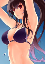 Rule 34 | 1girl, armpits, arms up, bare arms, bare shoulders, bikini, blue sky, blush, breasts, brown hair, cleavage, collarbone, commentary request, day, gradient hair, hair between eyes, hairband, halterneck, highres, kasumigaoka utaha, long hair, medium breasts, mizuki (mizuki ame), multicolored hair, navel, o-ring, o-ring bikini, o-ring top, outdoors, parted lips, pink lips, purple bikini, purple hair, red eyes, saenai heroine no sodatekata, sidelocks, sky, smile, solo, standing, stomach, sweat, swimsuit, upper body, very long hair, water drop