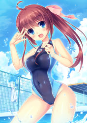 Rule 34 | 1girl, ahoge, arena (company), blue eyes, blue sky, blue one-piece swimsuit, brown hair, cloud, commentary request, competition swimsuit, contrapposto, covered navel, cowboy shot, day, fang, fence, hair ribbon, highres, long hair, looking at viewer, one-piece swimsuit, open mouth, original, outdoors, pink ribbon, ribbon, skin fang, sky, smile, solo, swimsuit, umitonakai, v, water