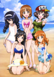 Rule 34 | 10s, 5girls, :/, :d, absurdres, akiyama yukari, alternate hairstyle, baseball cap, beach, bikini, black eyes, black hair, blue bikini, blue bow, bow, braid, breasts, brown eyes, brown hair, camouflage, camouflage shirt, cleavage, closed mouth, cloud, collarbone, day, feet, frilled swimsuit, frills, full body, girls und panzer, hairband, halterneck, hands on another&#039;s shoulder, hat, unworn hat, head tilt, unworn headwear, highres, isuzu hana, kneeling, long hair, looking at viewer, medium breasts, multiple girls, navel, nishizumi miho, off-shoulder shirt, off shoulder, official art, one-piece swimsuit, open mouth, outdoors, outstretched arm, own hands together, reizei mako, sandals, scan, seiza, shirt, short hair, sitting, sky, small breasts, smile, standing, standing on one leg, sugimoto isao, sun hat, swimsuit, takebe saori, twin braids, v, v arms, very long hair, water, white one-piece swimsuit