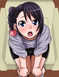 Rule 34 | 1girl, black hair, blue eyes, blush, braid, braided ponytail, chair, eyelashes, female focus, from above, hands on own knees, highres, kechin (oreteki18kin), open mouth, ponytail, side ponytail, sitting, solo