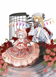 Rule 34 | 2girls, absurdres, alternate costume, ankle cuffs, ascot, barefoot, bat wings, birdcage, blonde hair, blue hair, cage, clubs, crystal, diamond (shape), dress, female focus, flandre scarlet, flower, frills, hat, hat ribbon, heart, highres, long sleeves, moon (moon-beast), multiple girls, puffy sleeves, red dress, red eyes, remilia scarlet, ribbon, rose, short hair, side ponytail, spade, touhou, white dress, wide sleeves, wings