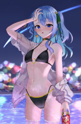 Rule 34 | 1girl, bare shoulders, bikini, black bikini, black choker, blue eyes, blue hair, blue nails, blush, breasts, can, choker, cleavage, collarbone, earrings, hair between eyes, highres, hololive, hoshimachi suisei, jacket, jacket partially removed, jewelry, long hair, looking at viewer, nail polish, navel, off shoulder, one side up, open mouth, partially submerged, see-through, small breasts, solo, star (symbol), star earrings, stomach, swimsuit, telu (teluscarlet), virtual youtuber, water