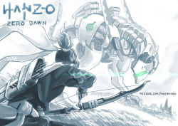 Rule 34 | 1boy, arrow (projectile), bow, bow (weapon), character name, copyright name, crossover, facebook username, genji (overwatch), glowing, glowing eyes, grass, greyscale, hanzo (overwatch), hm (hmongt), holding, holding bow (weapon), holding weapon, horizon (video game), horizon zero dawn, lens flare, looking at another, male focus, mecha, monochrome, outdoors, overwatch, overwatch 1, ponytail, quiver, robot, solo, tree, weapon, wind