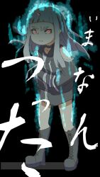 Rule 34 | 1girl, aura, bare shoulders, black background, black choker, boots, choker, clenched teeth, clothing cutout, commentary request, cross-laced footwear, drawstring, full body, glowing, glowing eyes, grey footwear, grey jacket, hands in pockets, highres, horns, jacket, kuro kosyou, lace-up boots, oni, original, red eyes, shoulder cutout, simple background, single horn, solo, standing, teeth