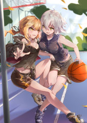 Rule 34 | 2girls, ahoge, alternate costume, artoria pendragon (all), artoria pendragon (fate), ball, bare shoulders, basketball, basketball (object), bike shorts, black jacket, blonde hair, breasts, commentary request, fate/grand order, fate/stay night, fate (series), hair ribbon, highres, jacket, jeanne d&#039;arc (fate), jeanne d&#039;arc alter (avenger) (fate), jeanne d&#039;arc alter (fate), long hair, looking at another, medium breasts, multiple girls, open mouth, outdoors, renze l, ribbon, saber alter, shoes, short hair, silver hair, sleeveless, sneakers, sportswear, yellow eyes