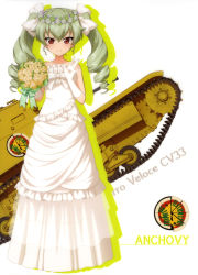 Rule 34 | 10s, 1girl, absurdres, anchovy (girls und panzer), blunt bangs, bouquet, bow, carro veloce cv-33, character name, dress, drill hair, elbow gloves, flower, girls und panzer, gloves, green hair, hair between eyes, hair bow, highres, holding, holding bouquet, long dress, long hair, looking at viewer, military, military vehicle, mole, mole under eye, motor vehicle, red eyes, sleeveless, sleeveless dress, solo, standing, strapless, strapless dress, tank, twin drills, twintails, wedding dress, white background, white bow, white dress, white gloves, yellow flower