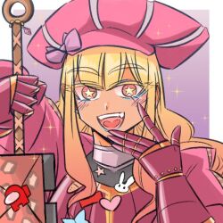 1girl 2024 among_us armor blond_eyebrows blonde_hair eyebrow_visible_through_hair eyes_visible_through_hair gyaru_landsknecht_(centurii-chan) hat long_hair open_mouth pink_armor pink_hat purple_ribbon ribbon sirscull smile solo