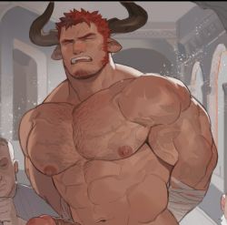 Rule 34 | 3boys, abs, agielba, animal ears, arms behind back, atcesolcyc, bandages, bara, beard, blush, chest hair, completely nude, cow boy, cow ears, cow horns, draph, closed eyes, facial hair, goatee, granblue fantasy, horns, large pectorals, long sideburns, male focus, mature male, multiple boys, muscular, muscular male, navel, nipples, nude, out-of-frame censoring, paid reward available, pectorals, red hair, paid reward available, short hair, sideburns, solo focus, stomach, stubble, sweat, teeth, veins