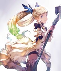 Rule 34 | 1girl, absurdres, black thighhighs, blonde hair, blue eyes, blush, dress, granblue fantasy, hair ornament, highres, holding, holding staff, holding weapon, io (granblue fantasy), juliet sleeves, long hair, long sleeves, looking at viewer, minaba hideo, novel illustration, official art, parted lips, polearm, puffy sleeves, shorts, shorts under dress, simple background, solo, staff, tan, thighhighs, twintails, weapon, white dress