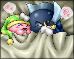 Rule 34 | 1boy, 1other, armor, bed, blush, cape, colored skin, cover, cuddling, closed eyes, gloves, grey eyes, half-closed eyes, happy, hat, headwear request, heart, kirby, kirby (series), kurobedamu, looking at another, lowres, lying, mask, unworn mask, meta knight, mittens, nintendo, no humans, on back, open mouth, patterned clothing, pauldrons, polka dot, polka dot headwear, pom pom (clothes), shoulder armor, size difference, nightcap, sleepwear, smile, spoken heart, star (symbol)