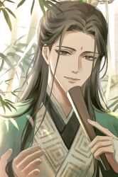 Rule 34 | 1boy, bamboo, bamboo forest, black hair, chinese clothes, chinese hairpin, day, facial mark, forehead mark, forest, green robe, grey eyes, hair ornament, hair ribbon, hand fan, highres, holding, holding fan, layered clothes, light smile, linhii hihi, long hair, male focus, nature, outdoors, renzha fanpai zijiu xitong, ribbon, robe, shen qingqiu, smile, solo, white ribbon
