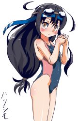 Rule 34 | 10s, 1girl, black hair, blush, brown eyes, competition swimsuit, goggles, goggles on head, hatsushimo (kancolle), headband, kanji, kantai collection, long hair, looking at viewer, one-piece swimsuit, solo, standing, sukiyo, swimsuit, thighs, white background