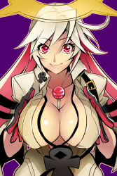 Rule 34 | 1girl, ahoge, albino, ankh, arm strap, between breasts, black gloves, bodysuit, breasts, breasts squeezed together, buckle, candy, cleavage, commentary request, spiked halo, cowboy shot, fingernails over gloves, food, gloves, guilty gear, guilty gear xrd, halo, high collar, highres, jack-o&#039; valentine, jewelry, kin mokusei, large breasts, light smile, lollipop, long hair, looking at viewer, multicolored hair, necklace, no bra, outline, pendant, purple background, red eyes, red gloves, red hair, simple background, smile, solo, two-tone hair, very long hair, white hair