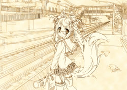 Rule 34 | 1girl, absurdres, animal ears, bag, bell, belt, bench, bird, black thighhighs, blush, bottle, bow, breasts, bridge, bug, building, card, charm (object), closed mouth, cloud, commentary request, concrete, door, earrings, english text, female focus, fence, fox ears, fox tail, frilled thighhighs, frills, garter straps, glasses, grass, highres, holding, holding bag, jewelry, lamppost, long hair, looking at viewer, looking back, monochrome, moss, new york, original, outdoors, pedestrian bridge, pigeon, plaid, plaid skirt, plant, power lines, railing, railroad tracks, real world location, ribbon, rooftop, rust, scenery, school bag, school uniform, shadow, shiro dai kitsune, shirt, sign, silk, skirt, sky, smile, solo, spider, spider web, stairs, sunlight, tactile paving, tail, thighhighs, train station, tree, tree shade, tube, twintails, upper body, vanishing point, window, zettai ryouiki