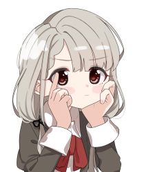 Rule 34 | 1girl, bad id, bad twitter id, black jacket, black ribbon, blush stickers, bow, braid, brown eyes, closed mouth, collared shirt, grey hair, hair over shoulder, hair ribbon, hands on own face, hands up, highres, hisakawa nagi, idolmaster, idolmaster cinderella girls, idolmaster cinderella girls starlight stage, jacket, juliet sleeves, long hair, long sleeves, looking at viewer, low twintails, puffy sleeves, red bow, ribbon, shirt, shiwa (siwaa0419), simple background, solo, twintails, upper body, white background, white shirt