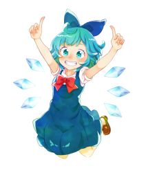 Rule 34 | 1girl, ahoge, aqua eyes, aqua hair, arms up, bare arms, blue bow, blue dress, blue eyes, blue hair, bogyaku no m, bow, brown footwear, cirno, collared shirt, dress, full body, green eyes, green hair, grin, hair bow, hair ornament, ice, ice wings, index finger raised, jumping, legs folded, legs up, loafers, looking at viewer, multicolored eyes, multicolored hair, puffy short sleeves, puffy sleeves, red bow, red ribbon, ribbon, shirt, shoes, short hair, short sleeves, simple background, smile, solo, tareme, touhou, two-tone hair, undershirt, white background, white shirt, wing collar, wings