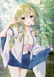 Rule 34 | 1girl, :d, backlighting, bare shoulders, blue skirt, blush, breasts, cleavage, commentary request, commission, cowboy shot, day, detached sleeves, forest, frog hair ornament, green eyes, green hair, hair ornament, hair tubes, hand in own hair, kochiya sanae, large breasts, long hair, long sleeves, looking at viewer, nature, no bra, open clothes, open mouth, open vest, outdoors, purin jiisan, see-through, sidelocks, skeb commission, skirt, skirt hold, smile, snake hair ornament, solo, sunlight, touhou, vest, water, wet, wet clothes, white vest, wide sleeves