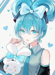 Rule 34 | 1girl, bad id, bad pixiv id, black sleeves, blue bow, blue eyes, blue hair, blue necktie, bow, cinnamiku, cinnamoroll, collared shirt, commentary request, detached sleeves, ear bow, grey background, grey shirt, hair between eyes, hair bow, hatsune miku, heart, heart background, highres, iren lovel, long sleeves, looking at viewer, necktie, parted lips, polka dot, sanrio, shirt, sleeveless, sleeveless shirt, smile, upper body, vocaloid, wide sleeves